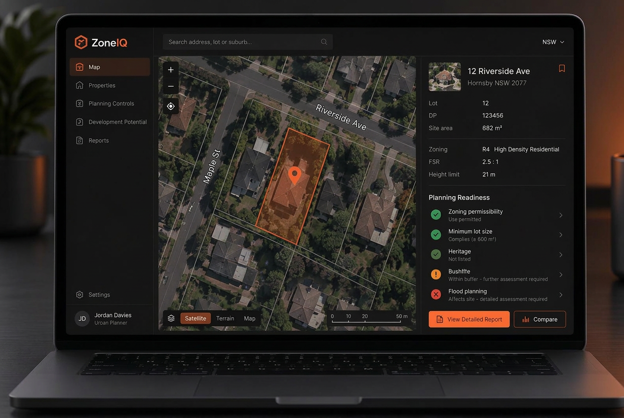ZoneIQ map explorer showing a highlighted property and planning checklist