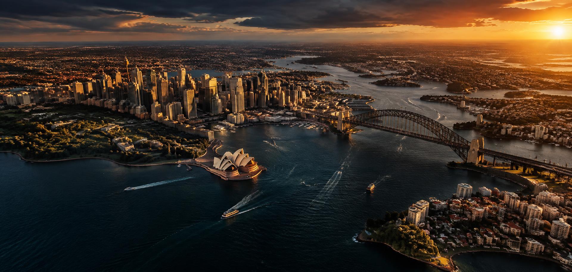 Aerial view of Sydney Harbour at sunset